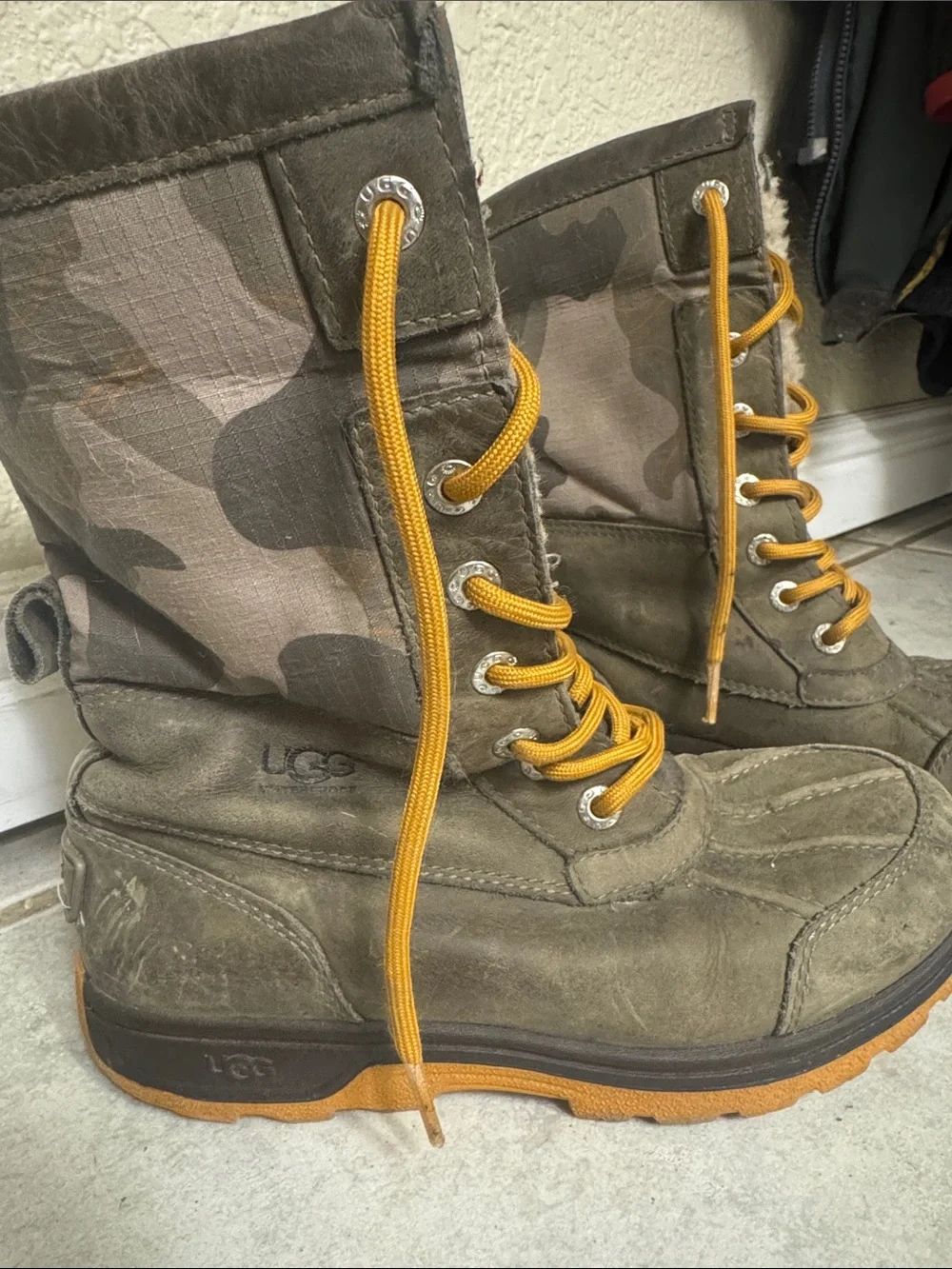 UGG Olive Suede Lace-Up Winter Boots with Mustard Laces